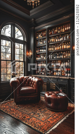 AI-generated content. Masculine den with leather furniture dark wood AI-generated content. Masculine den with leather furniture dark wood 112628892