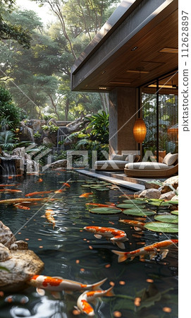 AI-generated content. Tranquil koi pond with a surrounding sitting area and lush landscapingHyperrealistic 112628897