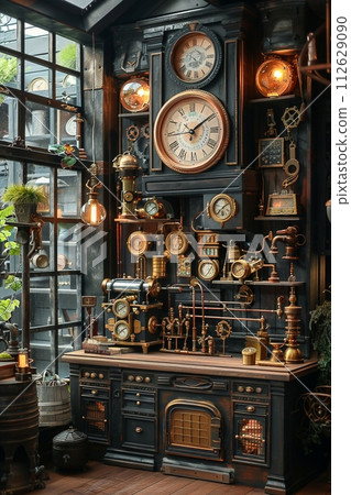 AI-generated content. Steampunk study with vintage gadgets and brass detailsHyperrealistic 112629090