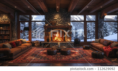 AI-generated content. Cozy ski lodge living room with a stone fireplace and comfortable seating8K AI-generated content. Cozy ski lodge living room with a stone fireplace and comfortable seating8K 112629092