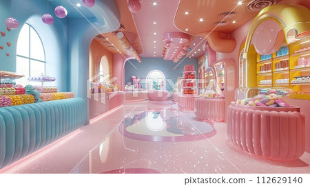 AI-generated content. Colorful candy store with playful displays and bright 112629140