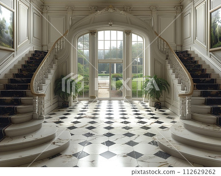 AI-generated content. Classic Georgian-style foyer with a grand staircase and detailed moldingsHyperrealistic 112629262