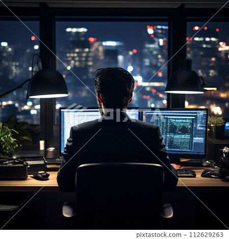 Businessman using a computer in the office at night 112629263