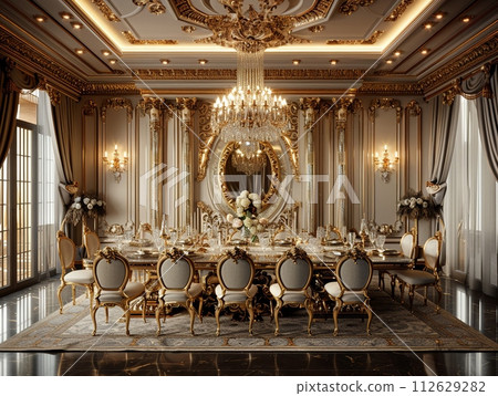 AI-generated content. Opulent dining room with a crystal chandelier and elegant table setting8K 112629282