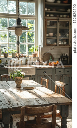 AI-generated content. Rustic farmhouse kitchen with a large wooden table and antique fixturesHyperrealistic 112629290