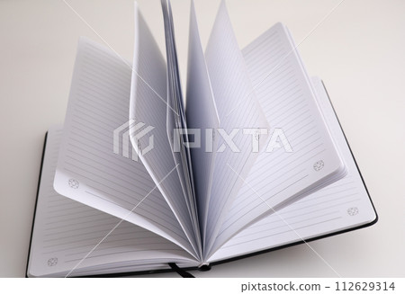 Empty notebook laying opened on the table Empty notebook laying opened on the table 112629314