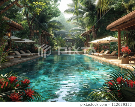 AI-generated content. Tropical resort pool area with cabanas and a swim-up barHyperrealistic AI-generated content. Tropical resort pool area with cabanas and a swim-up barHyperrealistic 112629333