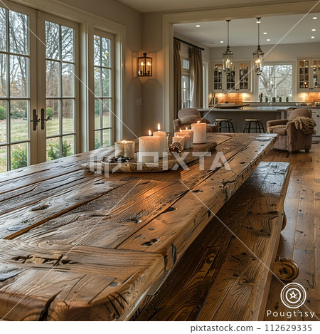 AI-generated content. Warm and inviting dining room with a rustic farmhouse table and candle chandelier8K 112629335