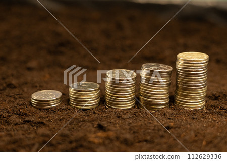 There are stacks of money coins on the black soil. Investment in land. Buying land for farming and making a profit. Money coins for land show profit from farming. 112629336