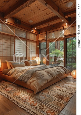 AI-generated content. Minimalist Japanese-inspired bedroom with sliding shoji screensHyperrealistic 112629337