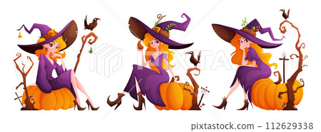 Halloween witches set. A witch with a cute look, orange hair, a purple dress and a large purple hat sits on a huge pumpkin. Old dried tree, crosses, skulls and crows. Cartoon vector. 112629338