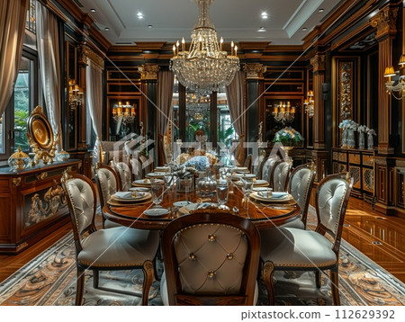 AI-generated content. Opulent dining room with a crystal chandelier and elegant table setting8K 112629392
