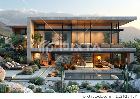 AI-generated content. Modern desert home with large windows and cactus gardensHyperrealistic AI-generated content. Modern desert home with large windows and cactus gardensHyperrealistic 112629417