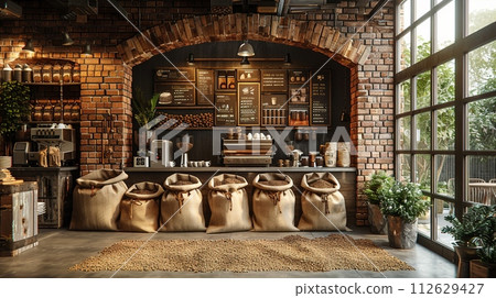 AI-generated content. Artisan coffee roaster with exposed brick and burlap coffee bagsHyperrealistic AI-generated content. Artisan coffee roaster with exposed brick and burlap coffee bagsHyperrealistic 112629427