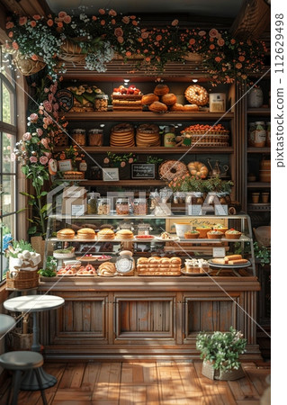 AI-generated content. Inviting bakery with a display case full of treats and cozy seating8K 112629498