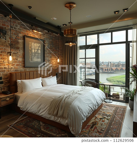 AI-generated content. Boutique hotel room with unique decor and luxurious amenities8K 112629506