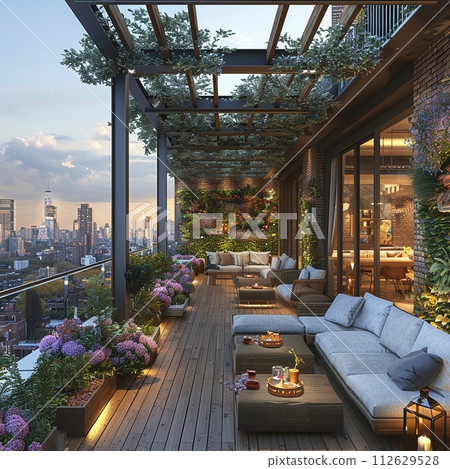 AI-generated content. Contemporary rooftop terrace with comfortable lounging areas and city viewsHyperrealistic 112629528
