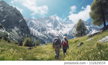 AI-generated content. senior couple hiking high in the mountains, generative ai 112629534
