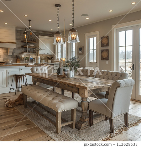 AI-generated content. Warm and inviting dining room with a rustic farmhouse table and candle chandelier8K 112629535