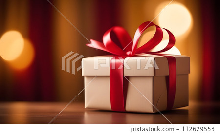 AI-generated content. gift box wrapped with red ribbon, generative ai 112629553