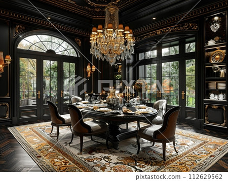 AI-generated content. Opulent dining room with a crystal chandelier and elegant table setting8K 112629562
