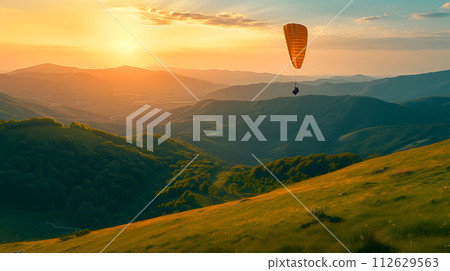 AI-generated content. golden parachute against blue sky, generative ai 112629563