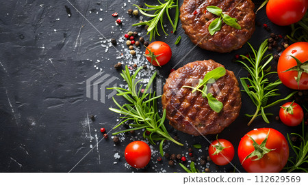 AI-generated content. burger patty with rosemary and tomatoes, generative ai AI-generated content. burger patty with rosemary and tomatoes, generative ai 112629569