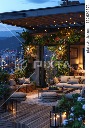 AI-generated content. Rooftop urban garden with cozy seating and string lights8K AI-generated content. Rooftop urban garden with cozy seating and string lights8K 112629571