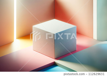 AI-generated content. Rectangular drywall box platform on solid color surface, colors forms captivating color field, solid cube of light 112629631