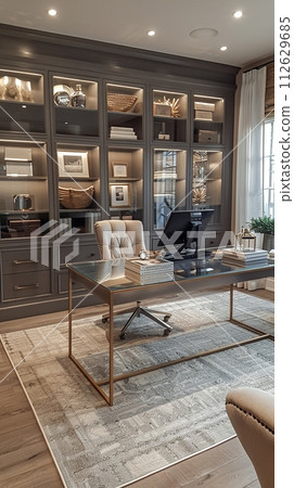 AI-generated content. Sleek home office with a glass desk and minimalist shelving8K 112629685