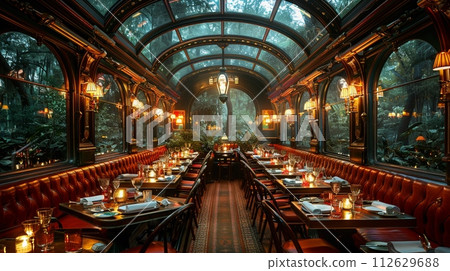 AI-generated content. Vintage train car dining experience with period details and intimate seatingHyperrealistic 112629688