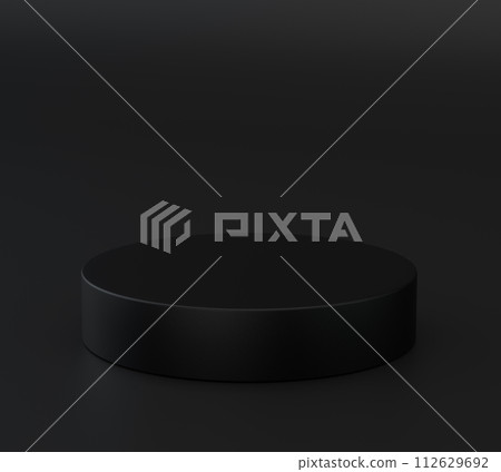 Full black podium pedestal with dark stuff for presentation. Elegant platform for promotional marketing discount and online shopping concept Full black podium pedestal with dark stuff for presentation. Elegant platform for promotional marketing discount and online shopping concept 112629692