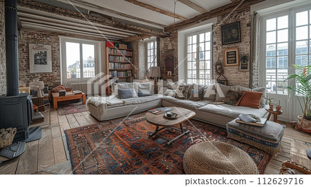 AI-generated content. Parisian attic apartment with exposed beams and chic decor8K 112629716