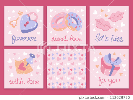 Set of pink flat vector cute Valentine's Day cards padlock with key, gift, kisses Set of pink flat vector cute Valentine's Day cards padlock with key, gift, kisses 112629750