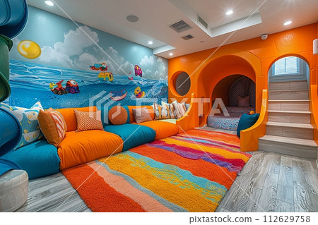 AI-generated content. Vibrant playroom with wall murals and creative storage solutions8K 112629758