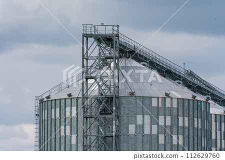 Granary elevator, silver silos on agro manufacturing plant for processing drying cleaning and storage of agricultural products, flour, cereals and grain. Large iron barrels of grain. 112629760