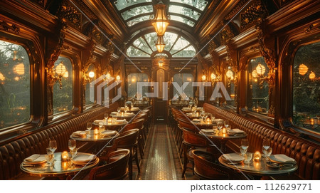 AI-generated content. Vintage train car dining experience with period details and intimate seatingHyperrealistic 112629771