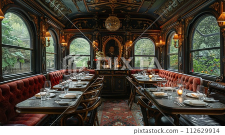 AI-generated content. Vintage train car dining experience with period details and intimate seatingHyperrealistic 112629914
