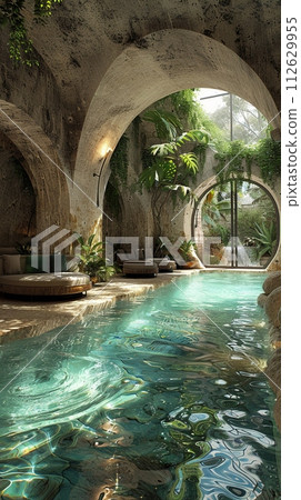 AI-generated content. Luxurious spa with a serene pool area and relaxation loungesHyperrealistic AI-generated content. Luxurious spa with a serene pool area and relaxation loungesHyperrealistic 112629955