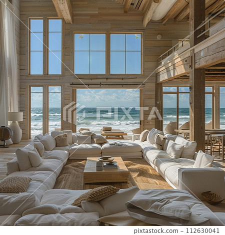 AI-generated content. Airy beach house living room with white furniture and ocean views8K 112630041