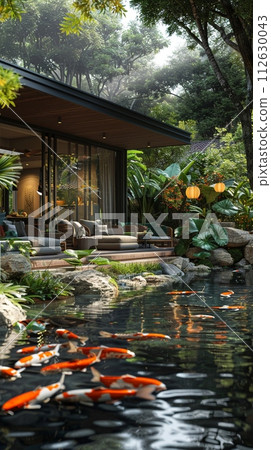 AI-generated content. Tranquil koi pond with a surrounding sitting area and lush landscapingHyperrealistic 112630043