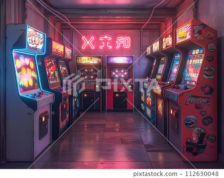 AI-generated content. Retro game room with vintage arcade machines and a neon signHyperrealistic 112630048