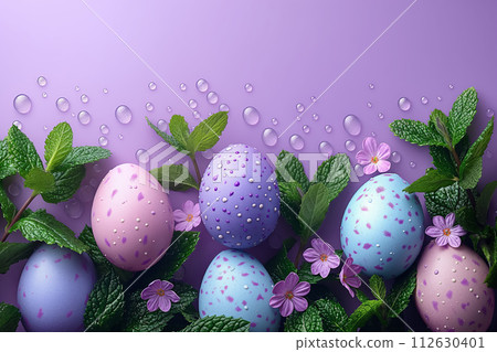 AI-generated content. Easter eggs, green leaves and water drops against lavendery background. empty space. easter banner AI-generated content. Easter eggs, green leaves and water drops against lavendery background. empty space. easter banner 112630401