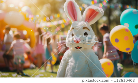 AI-generated content. Human in easter bunny costume mascot of Easter entertaining kids on Easter festival outdoors  112630408