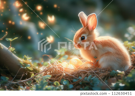 AI-generated content. Easter bunny with nest of Easter eggs in the magic forest background. Easter card 112630451