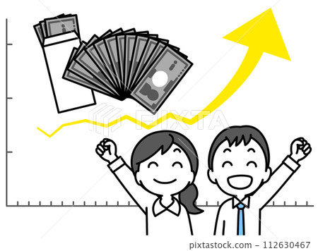 Illustration of male and female office workers who are happy with their salary increase, salary bags and banknotes (single color) 112630467