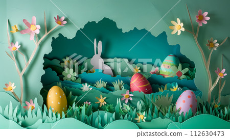AI-generated content. paper cut Easter background. hand made Easter scene with Easter eggs and Easter bunny from paper  112630473