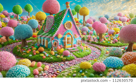 Candyland wonderland fantasy, sweet and magical world, candy house  112630570