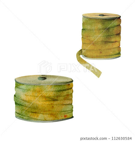 Hand drawn watercolor illustration sewing craft embroidery supplies. Ribbon bobbins fabric strap streamer serpentine. Set of objects isolated on white background. Design atelier, tailor, hobby shop 112630584