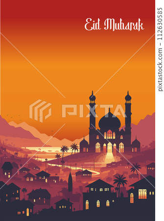 Silhouette of a village with a mosque in the center during Eid Mubarak at sunset 112630585